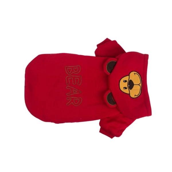 Imagen que muestra el producto Ovejero Oso Con Capota Para Mascotas. Saco ovejero oso con capota, cuenta con botones inferiores para apuntar. Material: Poliéster Color: Rojo, gris, fucsia. Disponible: Razas pequeñas y medianas.