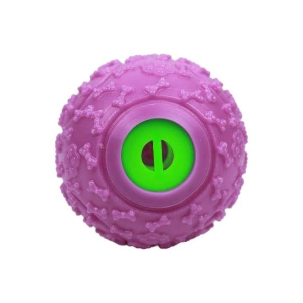 Imagen que muestra el producto Juguete Pelota Maciza Con Sonido. Juguete pelota chillona de premios. Material: Plástico Color: Rosado, negro, azul, morado Disponible: Razas pequeñas.