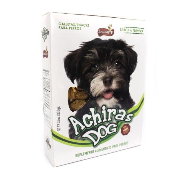 Imagen que muestra el producto Achiras Dog Ternera 350Gr. Suplemento alimenticio sabor a ternera. Ingredientes: Harina de arroz, harina de trigo, grasa de cerdo, grasa de res, aceite de soya. Presentación: 350gr Disponible: Perros de todas las razas a partir de los 2 meses de edad.