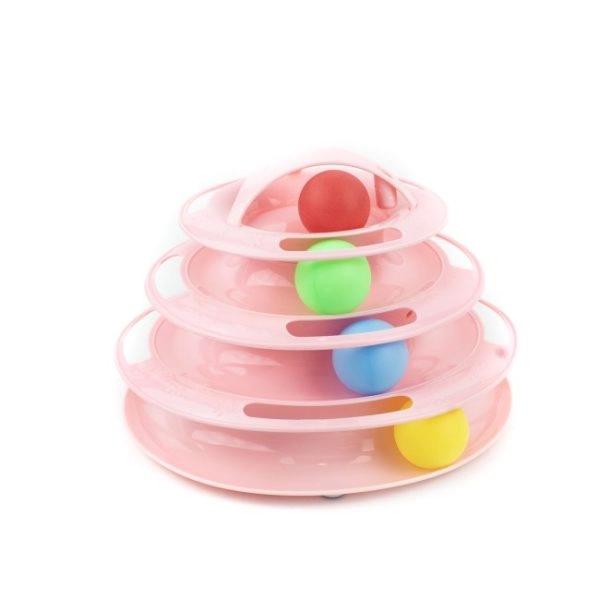 Imagen que muestra el producto Juguete Torre De Pelotas Para Mascotas. Juguete interactivo torre de pelotas, cuenta con aberturas especiales para que su mascota pueda interactuar con las pelotas distribuídas en los distintos niveles. Material: Plástico Color: Verde, rosado, azul Disponible: Razas pequeñas.