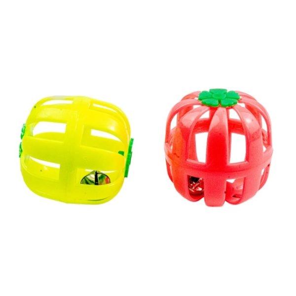 Imagen que muestra el producto Calabaza Con Cascabel Para Mascotas. Set x 2 pelotas con cascabel. Material: Plástico Color: Amarillo, rosa Disponible: Razas pequeñas