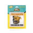 Imagen que muestra el producto Señalización Para Mascotas. Señalización de precaución, cuenta con adhesivo para pegar a superficies planas. Material: ABS                                                               Color: Blanco                                                                   Disponible: Razas medianas y grandes.