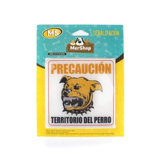 Imagen que muestra el producto Señalización Para Mascotas. Señalización de precaución, cuenta con adhesivo para pegar a superficies planas. Material: ABS                                                               Color: Blanco                                                                   Disponible: Razas medianas y grandes.
