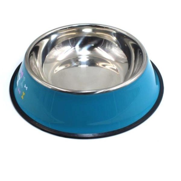 Imagen que muestra el producto Comedero Estampado Huesitos Para Mascotas. Comedero para mascotas redondo, cuenta con estampados en los costados. Material: Acero inóxidable Color: Rosado, verde, azul, naranja, rojo Disponible: Razas pequeñas. Medidas: Largo 29 cm* Ancho 7 cm