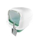 Imagen que muestra el producto Arenera Cubierta Para Mascotas. Arenera cubierta con puerta semi transparente y agujeros de ventilación en la entrada, cuenta con filtro en la parte superior de la tapa. Trae pala. Material: Plástico   Color: Negro, gris, rosado, azul.                                                                                                 Disponible: Razas pequeñas y medianas. Medidas: Largo 50 cm * Ancho 35  cm Alto 35  cm