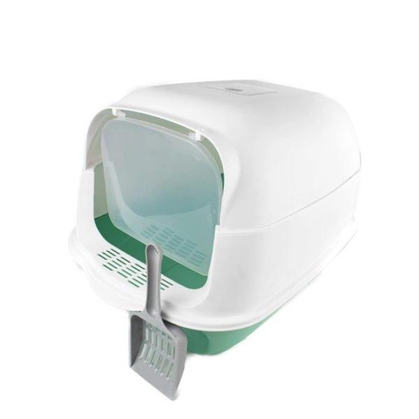 Imagen que muestra el producto Arenera Cubierta Para Mascotas. Arenera cubierta con puerta semi transparente y agujeros de ventilación en la entrada, cuenta con filtro en la parte superior de la tapa. Trae pala. Material: Plástico   Color: Negro, gris, rosado, azul.                                                                                                 Disponible: Razas pequeñas y medianas. Medidas: Largo 50 cm * Ancho 35  cm Alto 35  cm