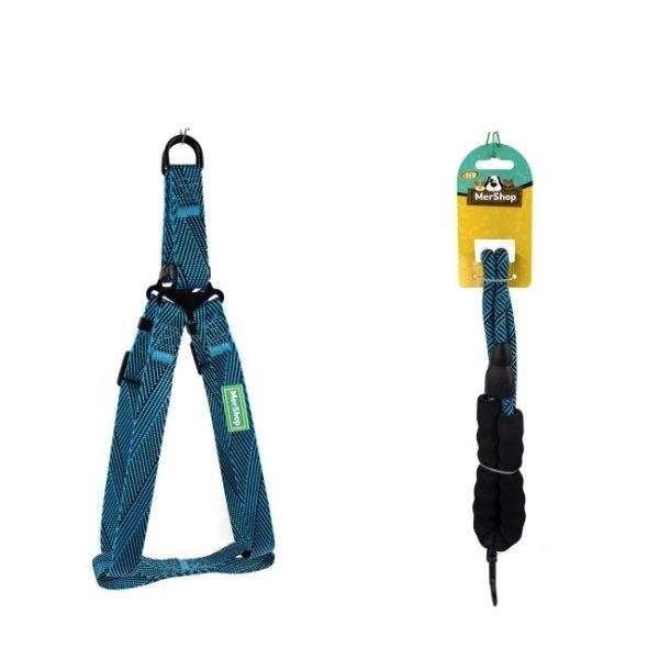 Imagen que muestra el producto Arnés A Rayas Con Correa Para  Talla M. Arnés con patrón a rayas, cuenta con hebillas ajustables, broche de seguridad, correa redonda y anillos tipo D para fijarla. Material: Poliéster, metal    Color: Rojo, naranja, azul, beige                                                                          Disponible: Razas pequeñas Medidas: TALLA M CUELLO  40-53 CM TORSO MIN-MAX 56-58 PESO MAXIMO – APROX 11-23 KG, TRAILLA 1,20 CM