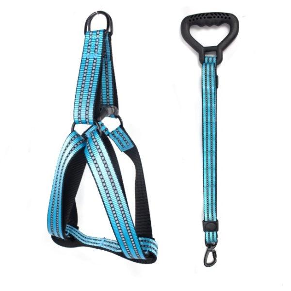 Imagen que muestra el producto Arnés Con Correa De Mango Macizo Para Mascotas. Arnés para mascotas, cuenta con hebillas ajustables, broche de seguridad, tejido reflectivo y correa con mango macizo. Material: Poliéster, metal Color: Rojo, gris, azul claro, azul oscuro Disponible: Razas grandes