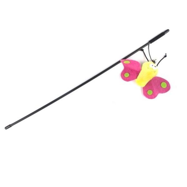 Imagen que muestra el producto Caña Mariposa Para Mascotas. Caña para gatos, cuenta con cuerda, juguete de felpa y cascabel. Material: Poliéster, caucho  Diseño: Mariposa, mariquita  Disponible: Razas pequeñas.