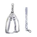 Imagen que muestra el producto Arnés Con Mosquetón De Seguridad. Arnés con rayas zic zac, cuenta con hebillas ajustables, broches de seguridad y correa con mosquetón con pieza de seguridad. Material: Poliéster Color: Gris con beige, gris con rojo, gris con azul Disponible: Razas pequeñas y medianas