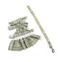 Imagen que muestra el producto Arnes Vestido Para Mascotas. Vestido con diseño tipo tartán, cuenta con correa, hebillas ajustables, moño grande en la parte superior y anillo tipo D para fijar la correa. Material: Poliéster, metal                                                                                                                 Color: Naranja, amarillo, azul, verde, rojo  Disponible: Razas pequeñas. Medidas: TALLA XS: CUELLO 23-33 CM TORSO  MIN-MAX 30-45 CM PESO MAXIMO – APROX 2-5 KG, TRAILLA 1,20 CM TALLA S: CUELLO 30-41 CM TORSO MIN-MAX 41-53 CM PESO MAXIMO – APROX 5-11 KG, TRAILLA 1,20 CM