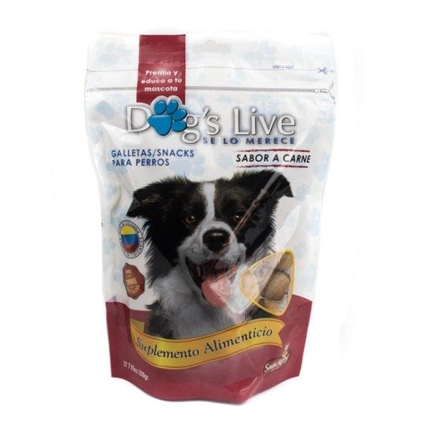 Imagen que muestra el producto Dogs Live Carne 200Gr, 1000Gr. Suplemento alimenticio sabor a carne. Ingredientes: Harina de trigo, harina de avena, harina de arroz, grasa de res.