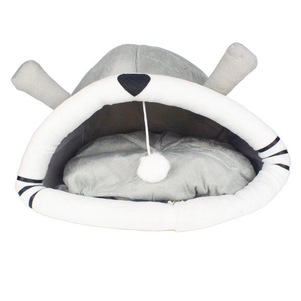 Imagen que muestra el producto Cama Iglú  Para Mascotas. Cama con orejitas tipo iglu para mascotas, cuenta con cojin interno. Material: Poliéster Color: Curuba, gris, verde DIsponible: Razas pequeñas
