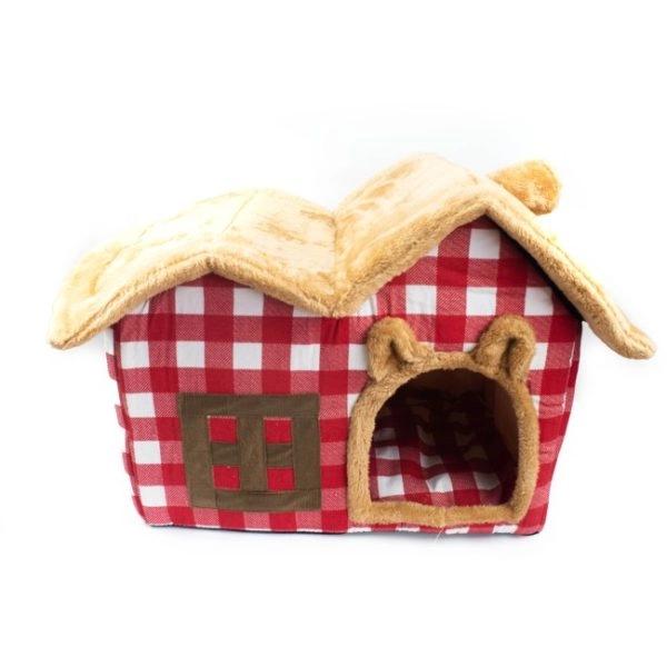 Imagen que muestra el producto Casa Para Mascotas. Casa para mascotas con cubierta de felpa y techo removible con cremallera. Material: Poliéster Color: Rojo, azul, gris DIsponible: Razas pequeñas