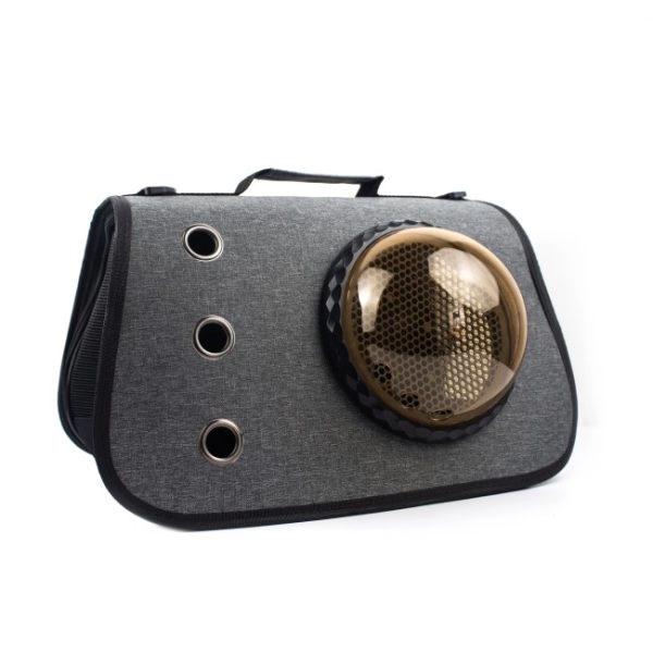 Imagen que muestra el producto Bolso Con Cupula Para Mascotas. Transportin para mascotas, cuenta con anillos de ventilación, mallas laterales, rejilla y cupula para intercambiar, mango ergonómico y correa para facilitar su transporte. Material:  Mezclilla, plástico                                                                                                                                               Color: Café, gris, azul, fucsia                                                                                                                                                                        Disponible: Razas pequeñas de hasta 10Kg