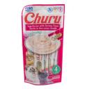 Imagen que muestra el producto Churu Tuna Recipe With Shrimp Flavor. Suplemento alimenticio de consistencia cremosa, sabrosa y bajo en calorías. Churu está pensado como un premio y no debe administrarse como una comida completa. Ingredientes: Agua, atún, tapioca, Taurina, sabor natural de camarón, extracto de té verde. Presentación: 4 UND X 14GR Disponible: Para gatos de todas las razas a partir de los 3 meses de edad.