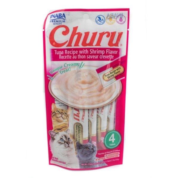 Imagen que muestra el producto Churu Tuna Recipe With Shrimp Flavor. Suplemento alimenticio de consistencia cremosa, sabrosa y bajo en calorías. Churu está pensado como un premio y no debe administrarse como una comida completa. Ingredientes: Agua, atún, tapioca, Taurina, sabor natural de camarón, extracto de té verde. Presentación: 4 UND X 14GR Disponible: Para gatos de todas las razas a partir de los 3 meses de edad.