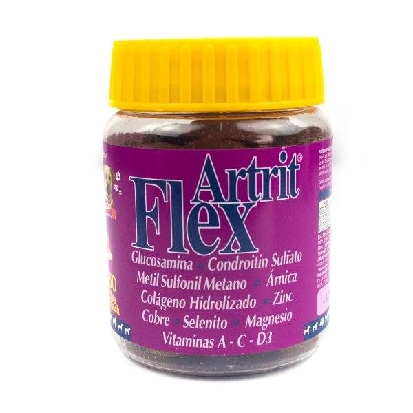 Imagen que muestra el producto Flex Artrit Natural Freshly. Suplemento alimenticio coadyuvante en el tratamiento de patologías articulares como Osteoartritis y Displasias, ayudando a disminuir la inflamación y el dolor. Con delicioso sabor a manzana. Ingredientes: Glucosamina, condroitin sulfato, metilsulfonilmetano, árnica, colágeno hidrolizado, Zinc, Cobre, Selenito, Magnesio, Vitamina A-C-D3. Presentación: 50 VITACRUNCH Disponible: Para perros de todas las razas a partir de los 5 meses de edad.