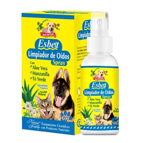 Imagen que muestra el producto Esbelt Limpiador De Oidos Spray Natural Freshly 60 Ml. Esbelt limpiador de oídos Natural Freshly Ingredientes: Manzanilla, Aloe vera, té verde, glicerina.  Presentación: Frasco x 60 ml. Disponible: Para perros y gatos de todas las razas y edades.