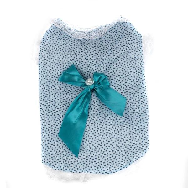 Imagen que muestra el producto Vestido Con Moño Para Mascotas. Vestido con moño para mascotas. Material: Poliester y Algodón Color: Azul, rosado. Disponible: Razas pequeñas