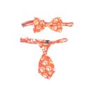 Imagen que muestra el producto Set Corbatin Y Corbata Para Mascotas. Set corbata y corbatín para mascotas, cuentan con broches de seguridad. Material: Poliéster Color/estampado: Morado huellas y huesos, azul estrellas, rojo huellas, negro puntos, negro huellas, morado gatos. Disponible: Razas pequeñas y medianas.