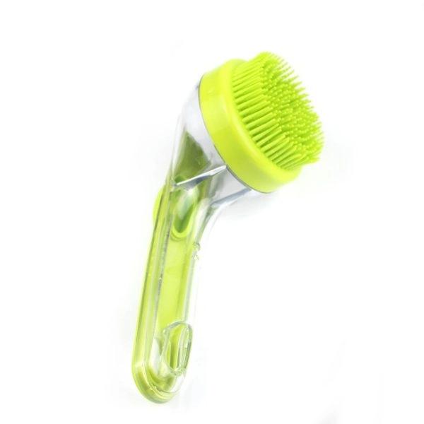 Imagen que muestra el producto Cepillo Para Baño De Mascotas. Cepillo de baño para mascotas, cuenta con tapa y un compartimento para agregar el shampoo. Material: Plástico, silicona Color: Verde, amarillo. Disponible: Razas pequeñas, medianas y grandes.