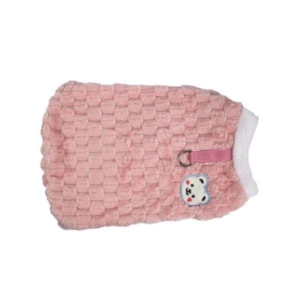 Imagen que muestra el producto Camisa Osito Para Mascotas. Camisa osito con acabado de felpa, cuenta con anillo tipo D para fijar la correa y botones en la parte inferior para apuntar. Material: Poliéster Color: Gris, rojo, rosado Disponible: Razas pequeñas y medianas.