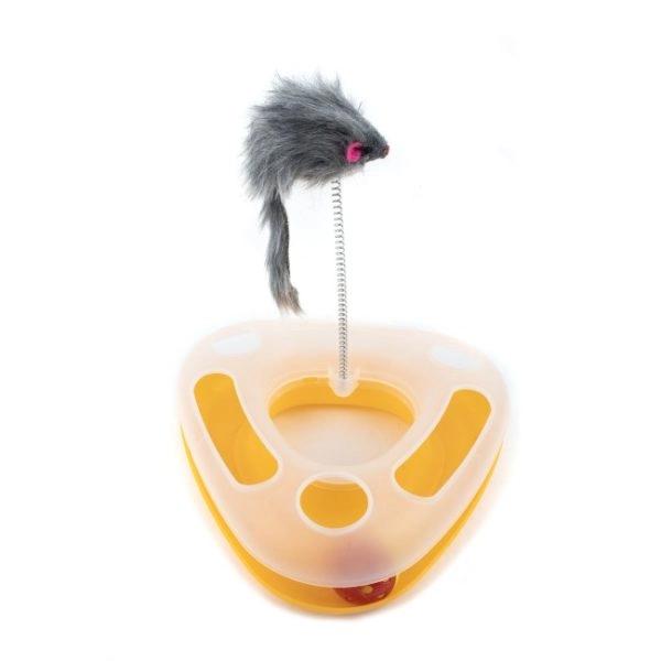 Imagen que muestra el producto Juguete Con Raton De Felpa Para Mascotas. Juguete interactivo con pista de pelotas, cuenta con un resorte con ratón de felpa. Material: Plástico, poliéster Color: Rosado, azul Disponible: Razas pequeñas.