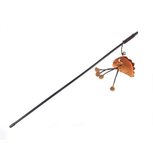 Imagen que muestra el producto Caña Dinosaurio Para Mascotas. Caña para gatos, cuenta con juguete de felpa en forma de dinosaurio. Material: Poliéster, caucho Color: Azul, verde, café Disponible: Razas pequeñas.