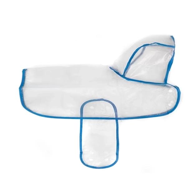 Imagen que muestra el producto Capa Impermeable Para Mascotas. Capa impermeable para mascotas con botones para abrochar, cuenta con orificio para sacar la correa. Material: Plastico. Color: Azul, rosado, blanco. Disponible: Razas grandes