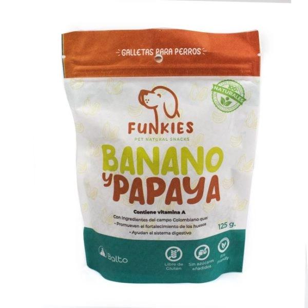 Imagen que muestra el producto Galletas Funkies 125G. Suplemento alimenticio 100% natural y nutritivo, elaborado con ingredientes del campo colombiano. No sustituye el alimento balanceado. Libre de gluten y sin azucares añadidos. Ingredientes: Harina de arroz, banano, papaya, Mango, remolacha pollo y zanahoria con avena, mantequilla de maní.Disponible: Para perros de todas las razas y edades a partir del destete.