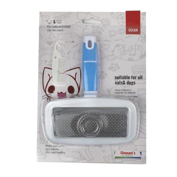 Imagen que muestra el producto Cepillo  Cuadrado Para Mascotas. Cepillo de cabeza cuadrada, cuenta con cerdas de metal, mango antideslizante y peinilla pequeña. Material: plástico, metal Color: Azul, rosado, fucsia Disponible: Razas pequeñas con pelaje largo. Medidas : Largo 17cm*13cm*8cm