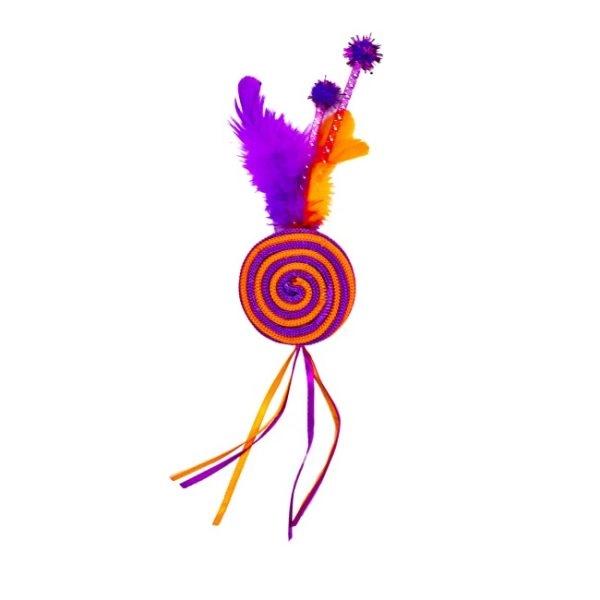 Imagen que muestra el producto Juguete Espiral Para Mascotas. Juguete para gatos, cuenta con plumas en la parte superior. Material: Poliéster, plumas Color: Rojo, azul, naranja, morado, verde Disponible: Razas pequeñas