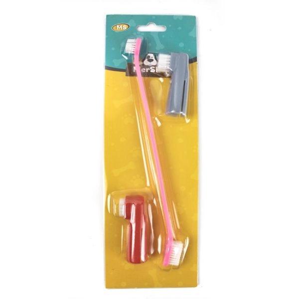 Imagen que muestra el producto Cepillo De Dientes Para Mascotas. Cepillo de dientes, trae pieza doble que se ajusta al tamaño o necesidad de la mascota y dos cepillos tipo dedo. Material: Plástico Color: Blanco, rosado Disponible: Razas pequeñas. medianas y grandes.