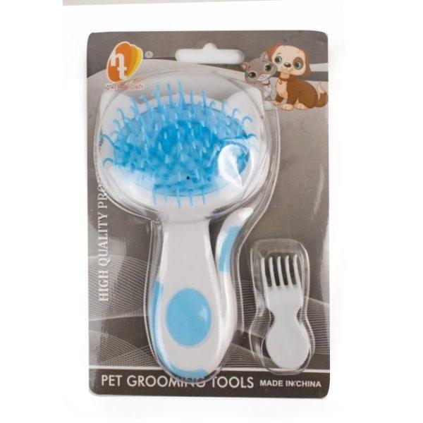 Imagen que muestra el producto Cepillo Orejas De Gatito Para Mascotas. Cepillo en forma de gato, cuenta con cerdas de plástico y mango con antideslizante. Viene con peine pequeño. Material: ABS Color: Azul, rosado Disponible: Razas pequeñas