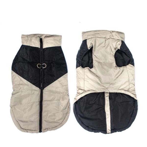 Imagen que muestra el producto Chaleco Impermeable Para Mascotas. Chaleco para mascotas impermeable, cuenta con cremallera y anillos tipo D para fijar la correa. “Material: Poliéster Color: Gris con negro, verde con azul DIsponible: Razas pequeñas, medianas, grandes.