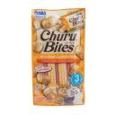 Imagen que muestra el producto Churu Bites Chicken Recipe Wraps Chicken. Suplemento alimenticio en trocitos cubiertos de una pasta de pollo suave y rellenos de churu de Inaba. Ingredientes: Pollo, agua, atún, almidón de Tapioca, clara de huevo, sabor natural de pollo. Presentación: 3 UND X 10GR Disponible: Para gatos de todas las razas a partir de las 12 semanas de edad.