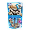 Imagen que muestra el producto Churu Bites Chicken Recipe Wraps Tuna With Scallop. Suplemento alimenticio en trocitos cubiertos de una pasta de pollo suave y rellenos de churu de Inaba. Ingredientes: Pollo, agua, atún, almidón de Tapioca, clara de huevo. Presentación: 3 UND X 10GR Disponible: Para gatos de todas las razas a partir de las 12 semanas de edad.