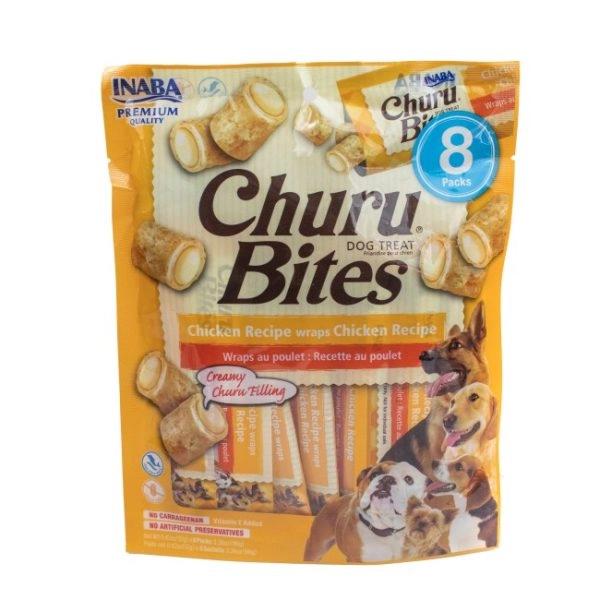 Imagen que muestra el producto Churu Bites For Dog Chicken Recipe Wraps Chicken Recipe. Suplemento alimenticio en trocitos cubiertos de una pasta de pollo suave y rellenos de churu de Inaba. Ingredientes: Pollo, agua, atún, almidón de Tapioca, clara de huevo. Presentación: 8 UND X 12GR Disponible: Para perros de todas las razas y tamaños.