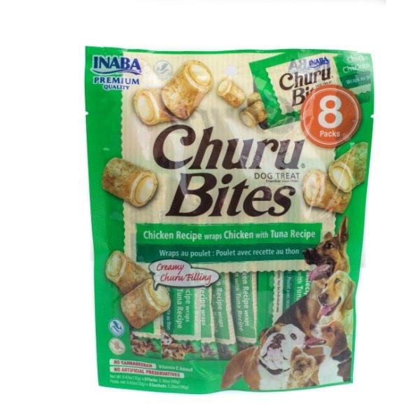 Imagen que muestra el producto Churu Bites For Dog Chicken Recipe Wraps Chicken With Tuna Recipe. Suplemento alimenticio en trocitos cubiertos de una pasta de pollo suave y rellenos de churu de Inaba. Ingredientes: Pollo, agua, atún, almidón de Tapioca, clara de huevo. Presentación: 8 UND X 12GR Disponible: Para perros de todas las razas y tamaños.