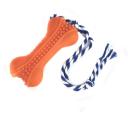 Imagen secundaria del producto Hueso Con Cuerda Para Mascotas. Juguete hueso chillón, cuenta con tirilla de tela. Material: Plástico Color: Naranja, amarillo, rosado Disponible: Razas medianas y grandes.