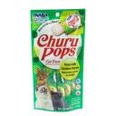 Imagen que muestra el producto Churu Pops Tuna With Chicken Recipe. Suplemento alimenticio de consistencia cremosa, sabrosa y bajo en calorías. Churu Pops está pensado como un premio y no debe administrarse como una comida completa. Ingredientes: Agua, atún, pollo, extracto de té verde. Presentación: 4 UND X 15GR Disponible: Para gatos de todas las razas desde los 3 meses de edad.
