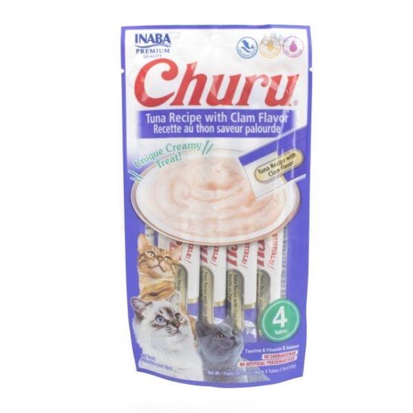 Imagen que muestra el producto Churu Tuna Recipe With Clam Flavor. Suplemento alimenticio de consistencia cremosa, sabrosa y bajo en calorías. Churu está pensado como un premio y no debe administrarse como una comida completa. Ingredientes: Agua, atún, tapioca, Taurina, extracto de té verde. Presentación: 4 UND X 14GR Disponible: Para gatos de todas las razas a partir de los 3 meses de edad.
