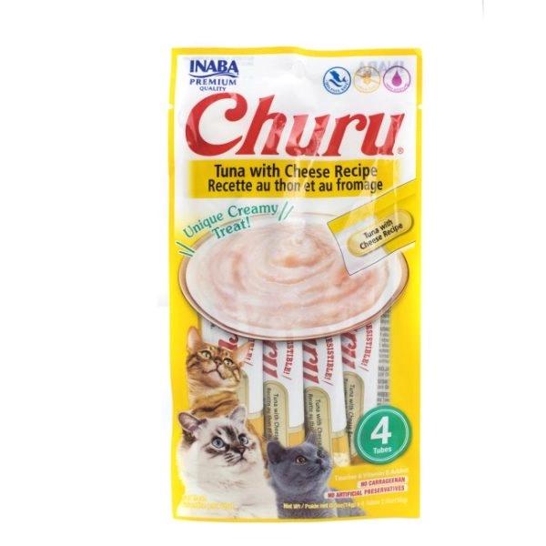 Imagen que muestra el producto Churu Tuna With Cheese Recipe. Suplemento alimenticio de consistencia cremosa, sabrosa y bajo en calorías. Churu está pensado como un premio y no debe administrarse como una comida completa. Ingredientes: Agua, queso, atún, tapioca, Taurina, extracto de té verde. Presentación: 4 UND X 14GR Disponible: Para gatos de todas las razas a partir de los 3 meses de edad.