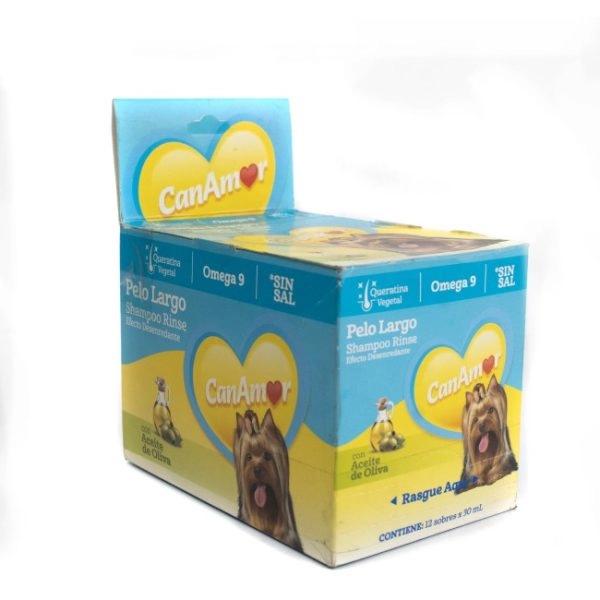 Imagen que muestra el producto Shampoo Canamor Rinse Sobres 30 Ml. Shampoo rinse CanAmor pelo largo con sistema detergente que logra darle limpieza adecuada al pelaje de su mascota removiendo la suciedad. Ingredientes: Keratina vegetal, omega 9.  Presentación: Caja x 12 UND. Disponible: Para perros y gatos de todas las razas y edades.