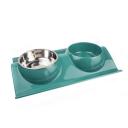 Imagen secundaria del producto Comedero 2 Compartimientos Para Mascotas. Comedero elevado, cuenta con dos recipientes. Material: Plástico    Color: Morado, verde, azul, amarillo                                                                                                   Disponible: Razas pequeñas y medianas. Medidas:  Largo 38 cm * Ancho 25 cm Alto 7,5cm