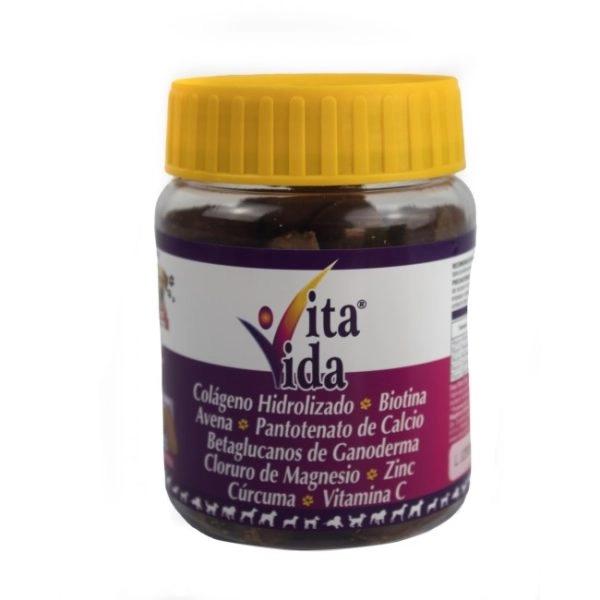 Imagen que muestra el producto Vita Vida X 60 Vitacrunch. Ingredientes: Fibra de avena, colágeno hidrolizado, Vitamina C, Cloruro de magnesio, cúrcuma. Presentación: 60 VITACRUCH Disponible: Para perros y gatos de todas las razas a partir de los 5 meses de edad.