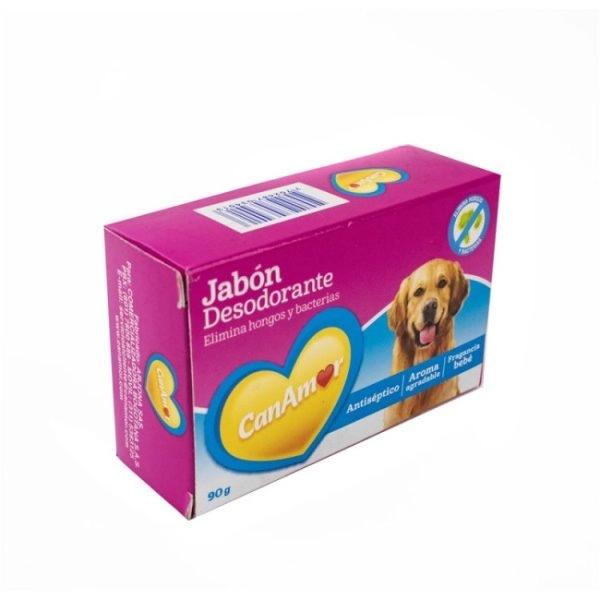Imagen que muestra el producto Jabon Canamor Desodorante 90 Gr. Jabón desodorante CanAmor es ideal para la limpieza de las mascotas eliminando hongos y bacterias. Presentación: Barra x 90 g. Disponible: Para perros de todas las razas y edades.