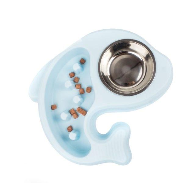 Imagen que muestra el producto Comedero Pez Antirreflujo Para Mascotas. Comedero para mascotas con sistema antireflujo, cuenta con bowl removible. Material: Plástico Color:Azul, verde, naranja Disponible: Razas pequeñas y medianas