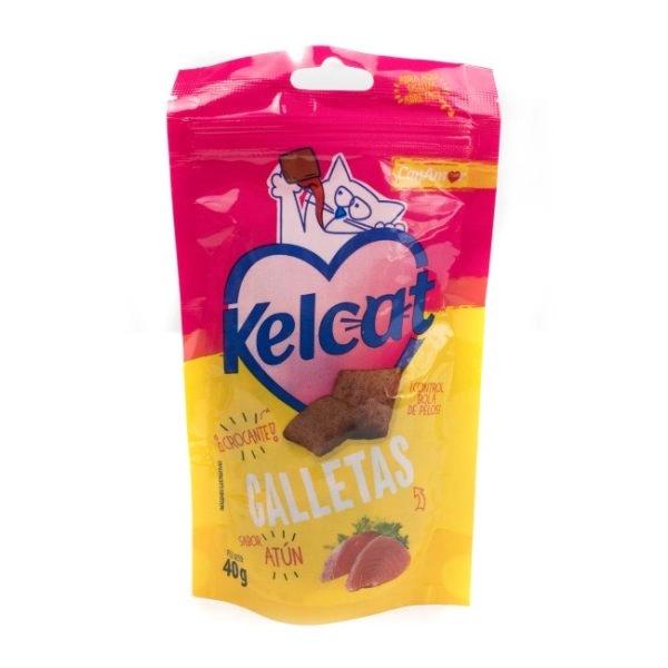 Imagen que muestra el producto Galletas Kelcat Salmón Y Atún 40Gr. Suplemento alimenticio que combate las bolas de pelos de forma natural, ayuda a regular el transito intestinal y prevenir el estreñimiento. Sabor salmón. Ingredientes: Harina de trigo, MInarina, premezcla mineral y vitaminica.
 Presentación: 40gr
 Disponible: Para gatos de todas las razas y edades.